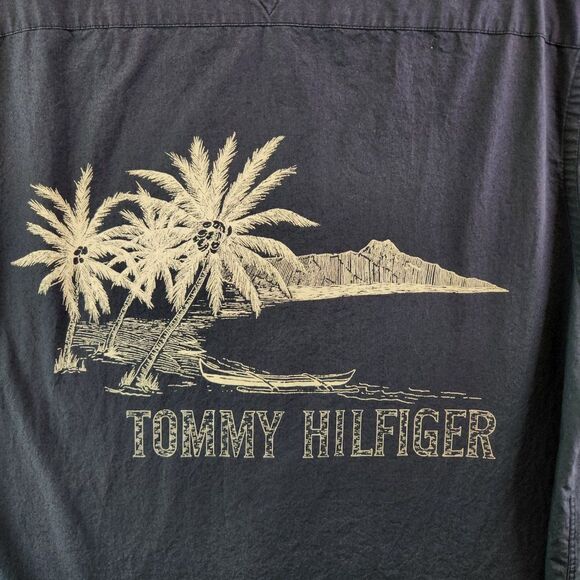 Tommy Hilfiger Hawaiian Shirt Mens Medium Blue Palm Trees Vintage Beach VTG - Picture 7 of 16